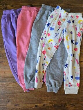 4 PairKids Cozy Sweatpants - Purple, Pink, Gray, White Star Print Fleece Sz. Med